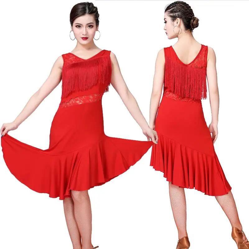 Women Dace Dress Lace Vest V-Neck Sleeveless Fringed Latin Dancing Performance Exercise Clothes