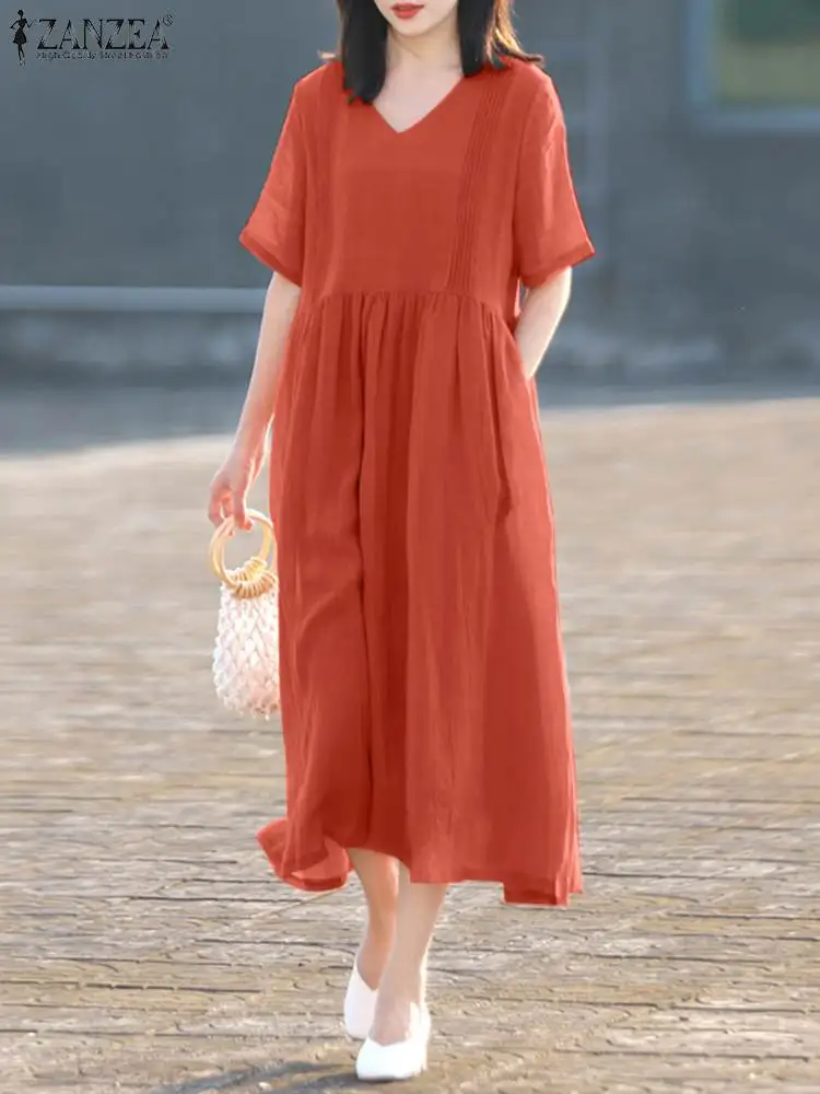 

Holiday V-neck Pocket Sundress ZANZEA Women Fashion Solid Maxi Dress 2023 Summer Casual Loose Short Sleeve Robe Pleating Dresses