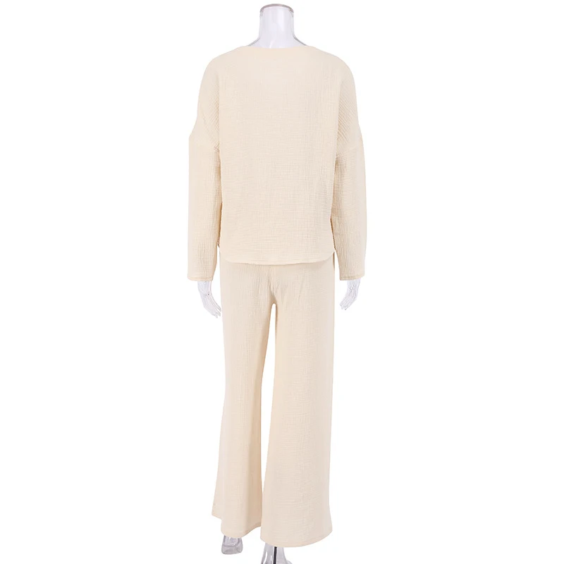 6 Color Cotton Sleepwear V Neck Single Breasted Wide Leg Pants Trouser Suits Long Sleeves Pajama Sets Woman 2 Pieces Loungewear