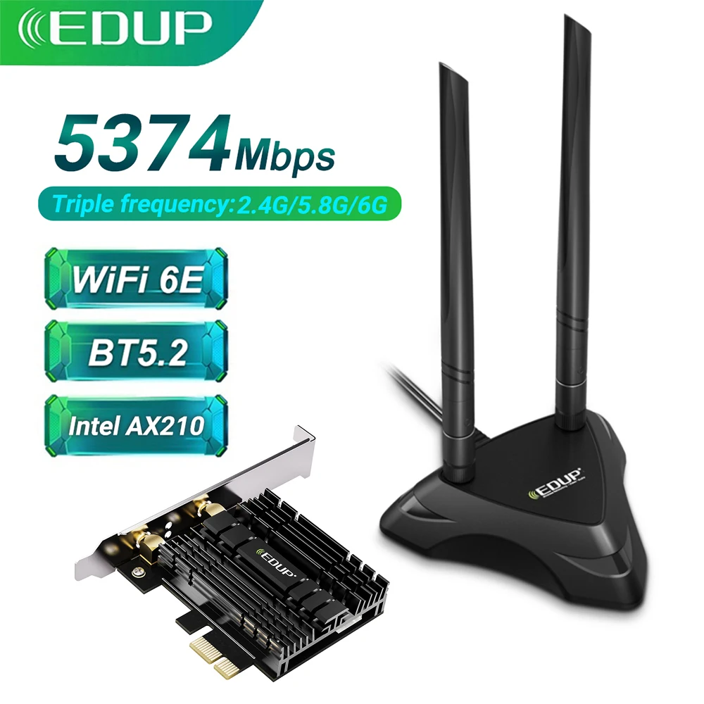 Беспроводной адаптер Wi-Fi EDUP WiFi6E Intel AX210 5374 Мбит/с PCI Express 802.11ac/AX 2 4G/Blue-tooth5.2/6 ГГц PCIe