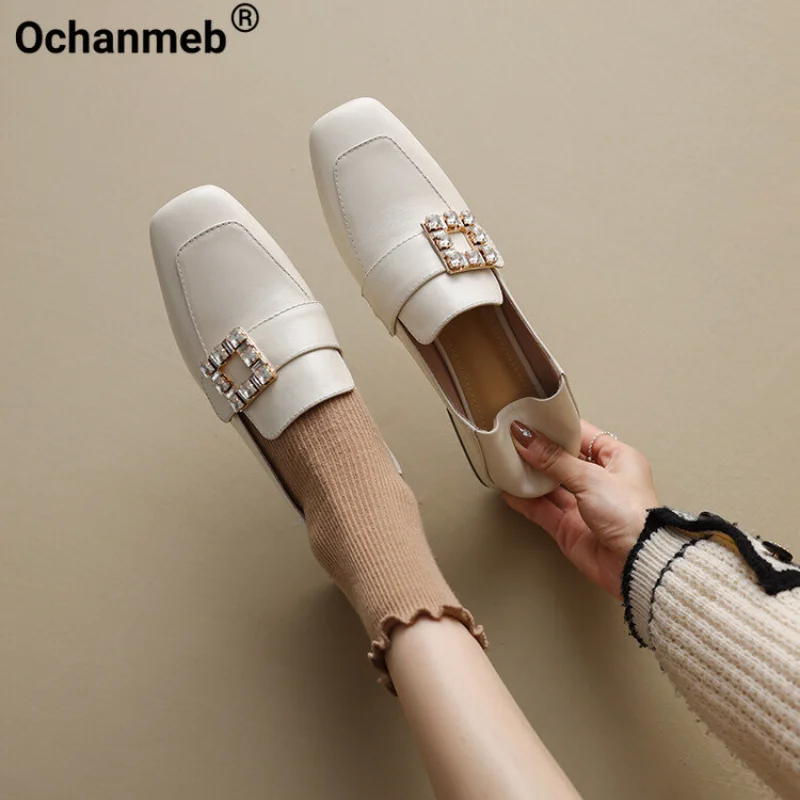 

Туфли-лодочки Ochanmeb женские из натуральной кожи, блестящие, без застежек, квадратный носок, Повседневная офисная обувь, бежевые, весна 2023