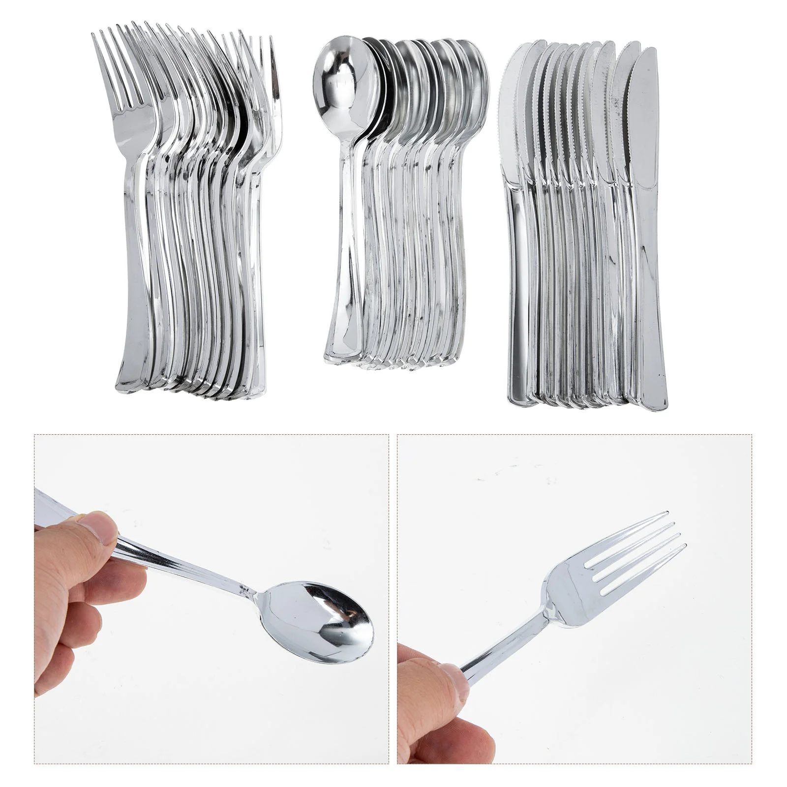 

Plastic Party Set Spoons Cutlery Flatware Utensils Fork Spoon Disposable Eating Utensil Dinner Silverware Knives Silver Cake