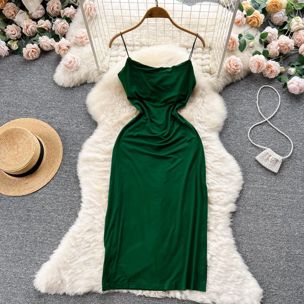 

Женское платье-миди с открытой спиной, зеленое соблазнительное платье на бретелях-спагетти с разрезом, лето 2023