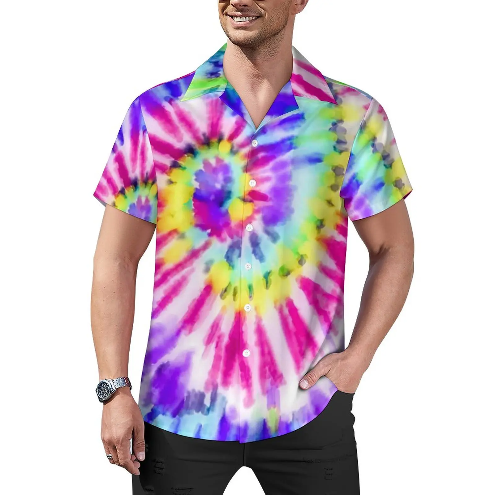 

Ombre Casual Shirt Artsy Neon Rainbow Tie Dye Vacation Loose Shirt Summer Fashion Blouses Short Sleeve Design Oversized Clothing