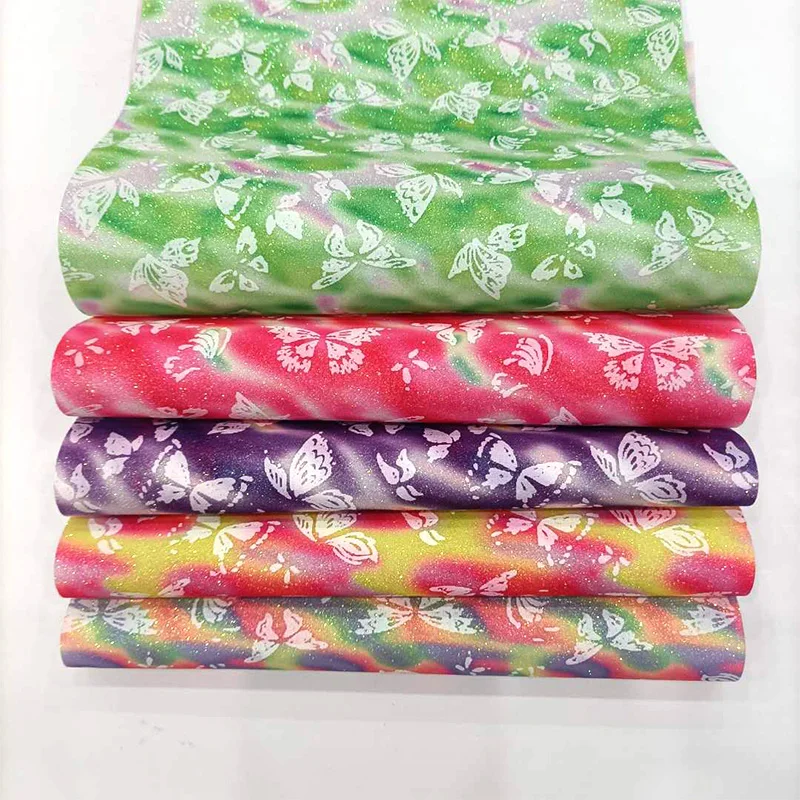 

XHT-1046 Butterfly Colorful Rainbow Printed Fine Glitter Synthetic Leather for Making Shoe/Bag/Handbag/DIY Accessories/Hair bow