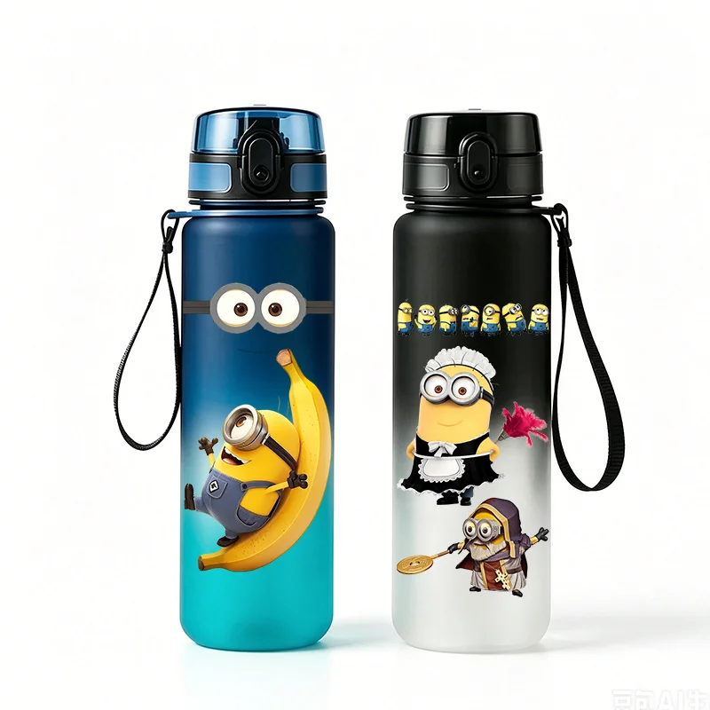 Фото Детская бутылка для воды Cute Banana Minions, 650 мл, матовая, с градиентным эффектом, герметичная, с ремешком для переноски, портативная, для улицы №1