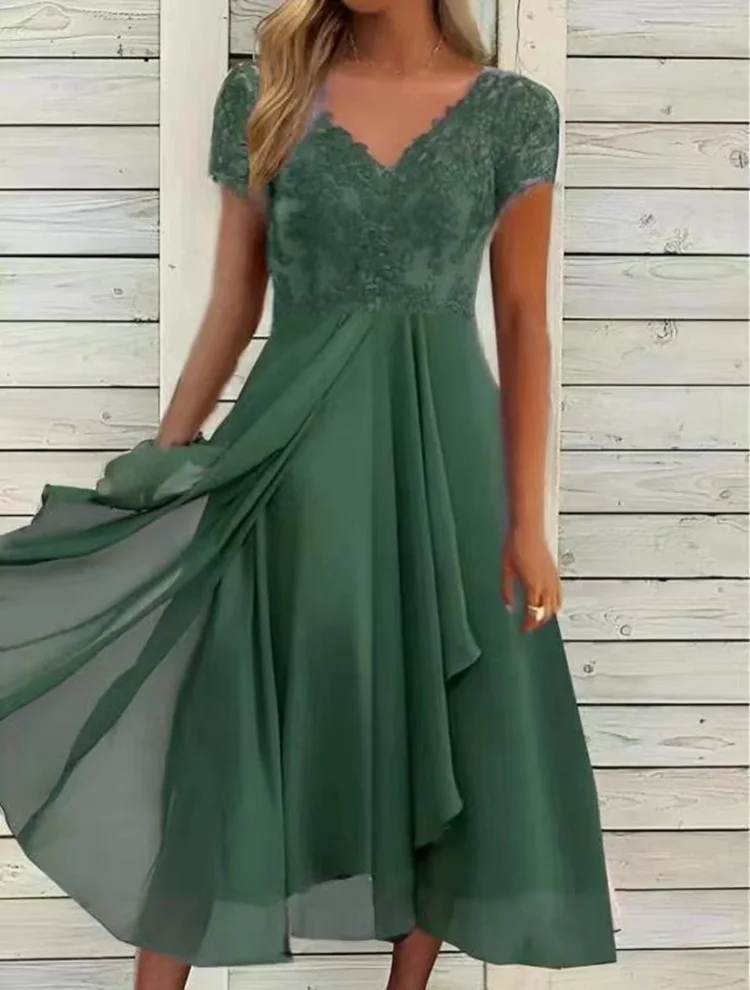 

Green Blue Evening Dresses Half Sleeves V-Neck Chiffon Lace Appliques Wedding Guest Party Groom Mother Prom Gowns 2022