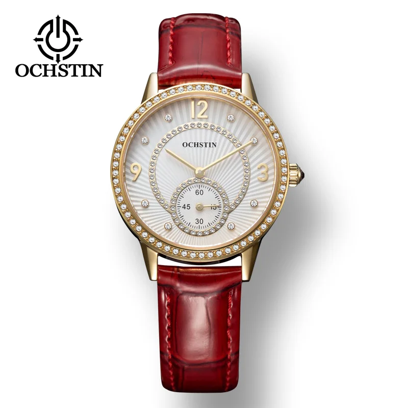 OCHSTIN LQ013B Diamond-encrusted Trendy Quartz Watch for Women Waterproof Genuine Leather Strap Fashion Women Wristwatch