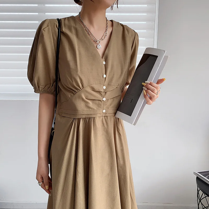 

2022 Summer Women's Dress Girly French Puff Sleeves Waist Smocked Deep V-Neck Cotton Elastic High Waist Boutique Khaki Dress