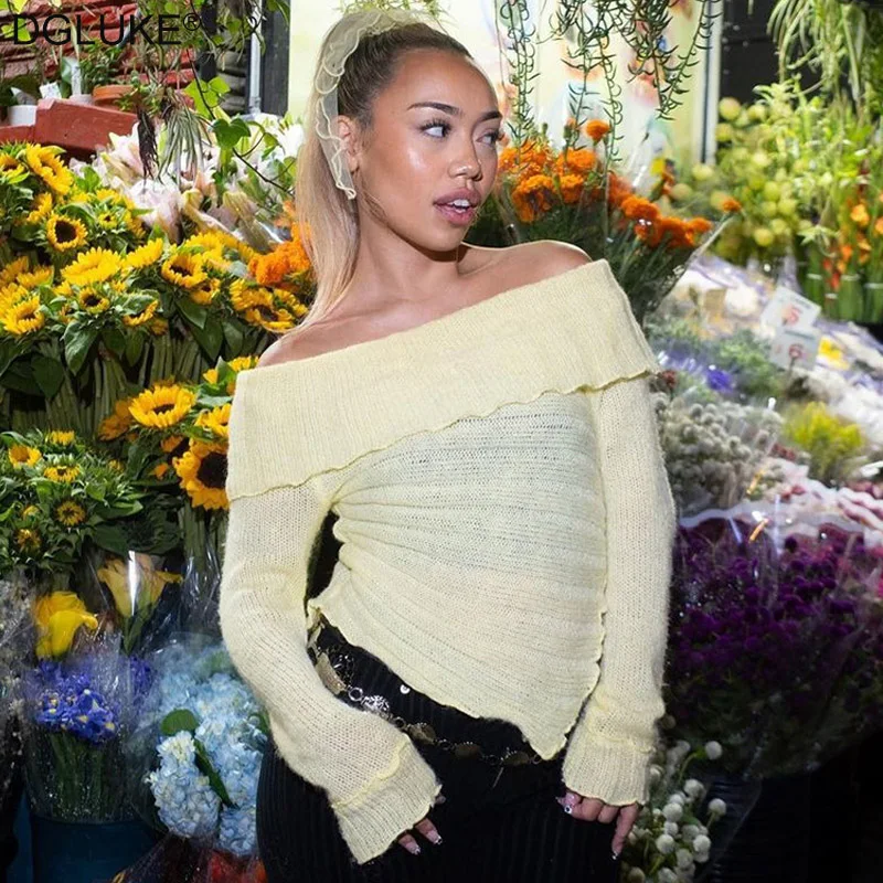 

Fashion Off Shoulder Sweater 2023 Autumn Knitted Long Sleeve Top Lace Up Asymmetrical Sweater Blouse Designer Luxury