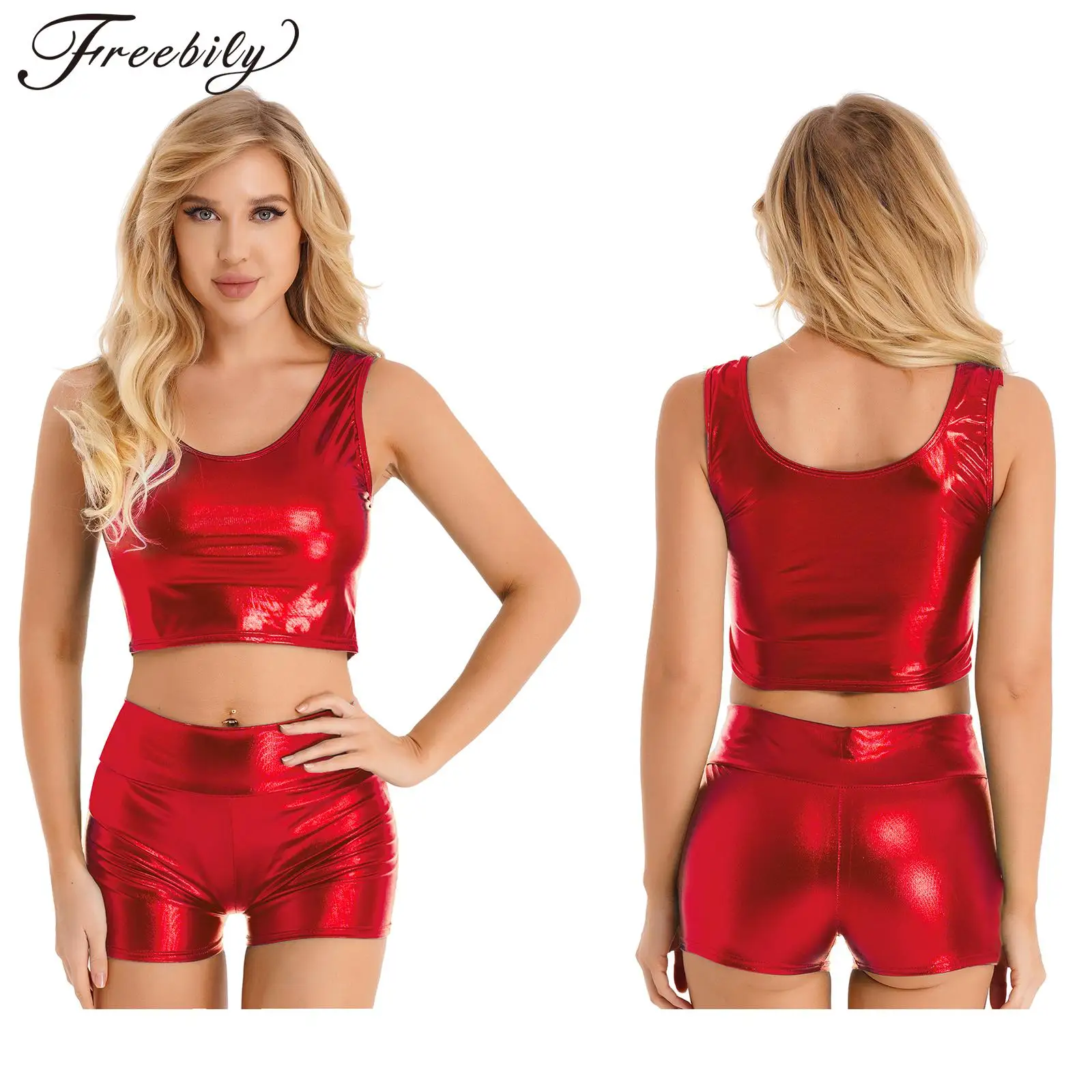 

Womens Metallic Shiny Patent Leather Nightclub Pole Dancing Costume Scoop Neck Tank Crop Top Vest with High Waist Hot Pants