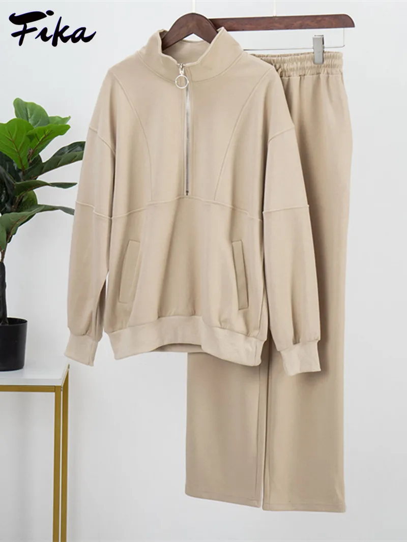2022 Women New Autumn Winter Casual Solid Long Sleeve Zip Top High Waist Wide Leg Trousers Two Pieces Set Oversized Tracksuits
