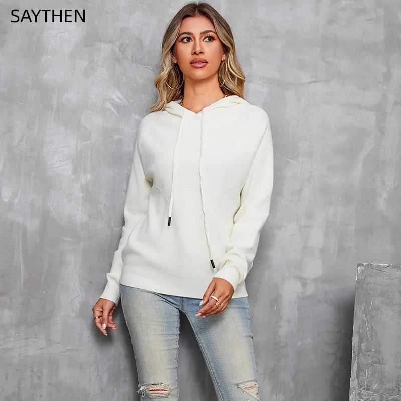 

Вязаный топ SAYTHEN2023 на осень/зиму, повседневный модный однотонный Флисовый Пуловер Энди с кулиской и капюшоном, свитер ST23118