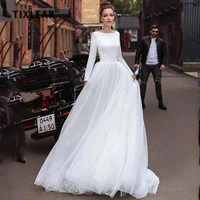 i od classic a line tulle wedding dress simple o neck long sleeve backless sweep train bridal gown 2022 for bride custom made