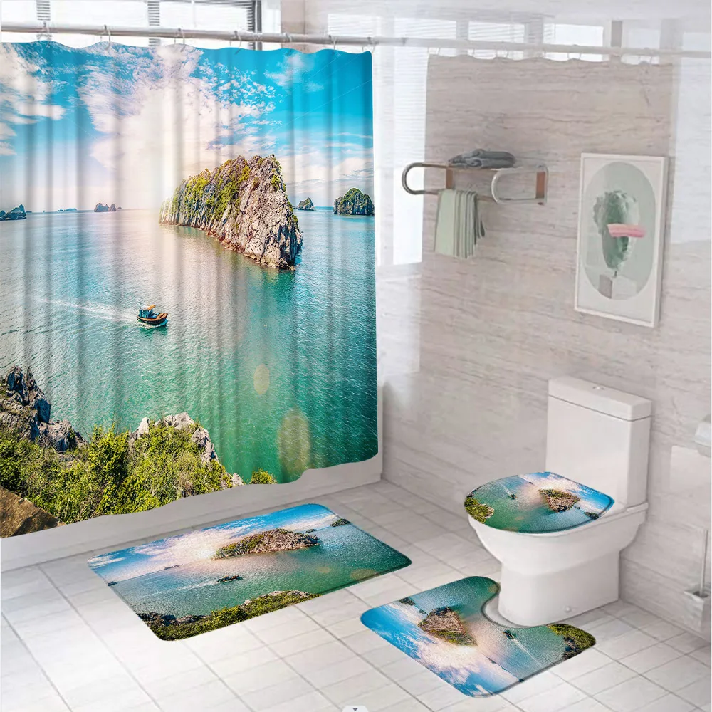 

Морской остров, океан, занавеска для душа, нескользящий коврик для ванной, искусственный чехол, 3D натуральный пейзаж, ткань для ванной с лодкой, занавески, Декор