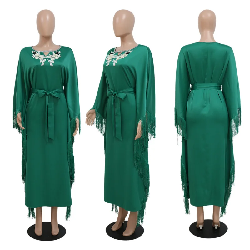 Summer Spring 2023 Muslim Women Long Sleeve O-neck Green Polyester Long Abaya Tassel Muslim Dresses Muslim Fashion Abaya