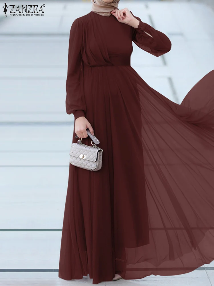 Платье ZANZEA женское в мусульманском стиле, сетчатый Повседневный Сарафан в турецком стиле, с буффами на рукавах, с круглым вырезом, Однотонны...