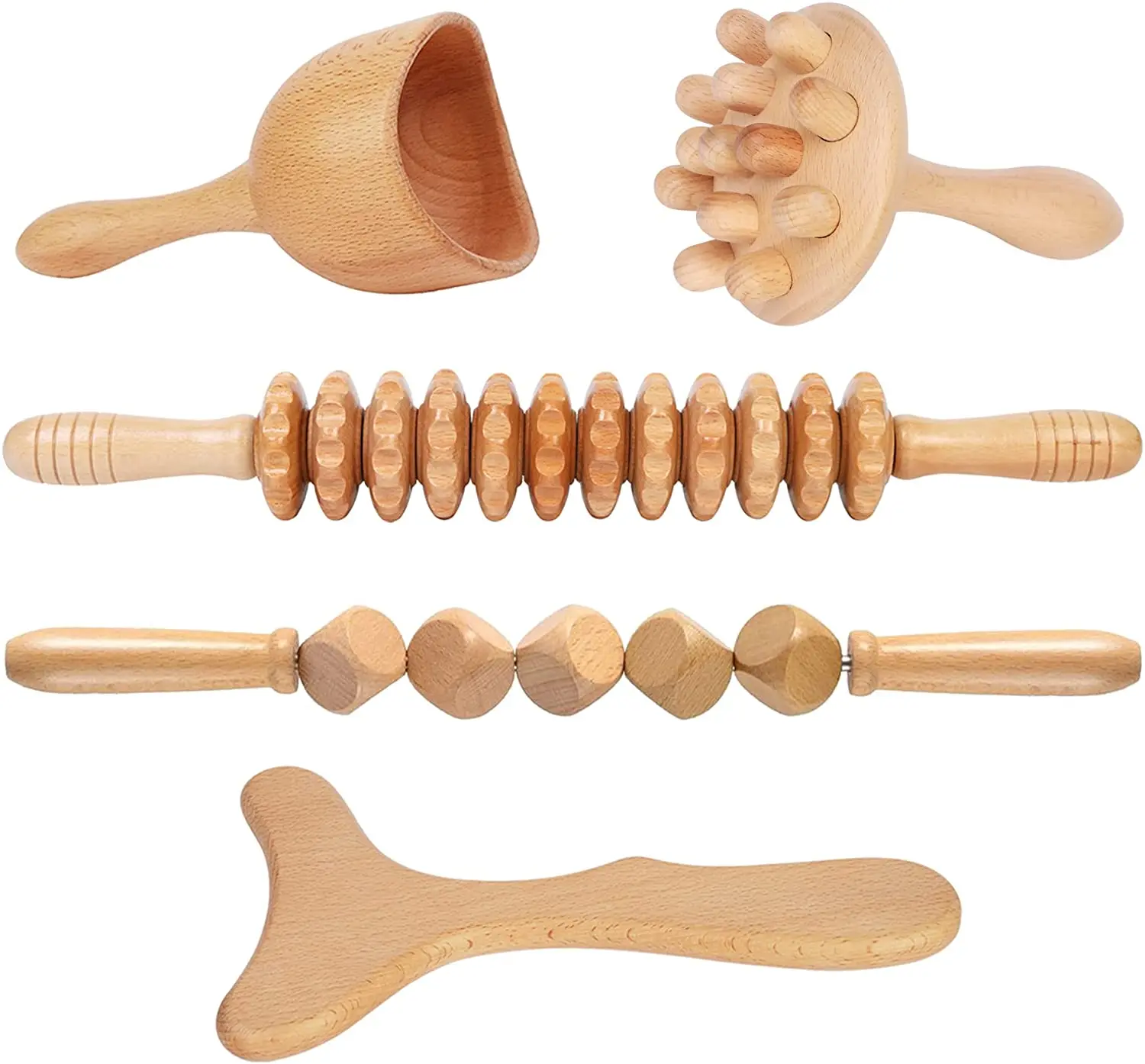 

5-in-1 Maderotherapia Accessories Professional Wood Therapy Massage Kit Wooden Massager Mushroom Cup Massage Roller Stick