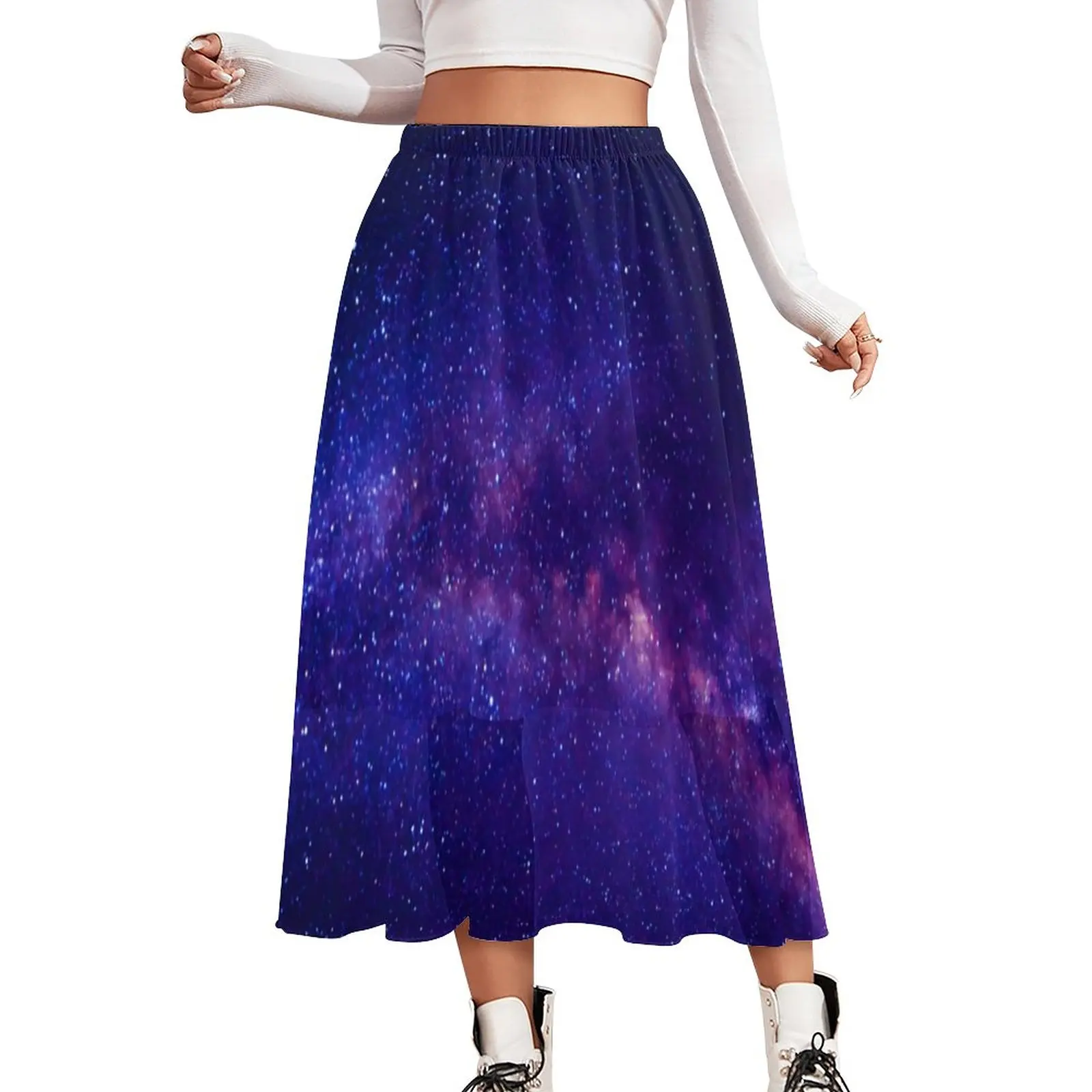 

Purple Starry Night Skirt Ladies Galay Print Vintage Long Skirts Custom Elastic Waist Street Fashion A-line Skirt Big Size 4XL