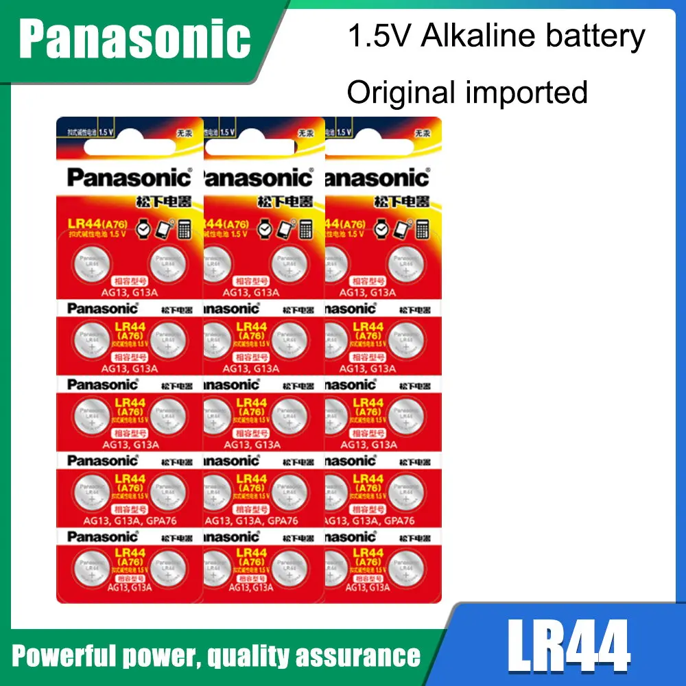 Щелочные батареи Panasonic LR44 A76 LR 44 AG13 LR1154 SR1154 SR44 SR44SW SR44W GP76 1 5 V для калькулятора