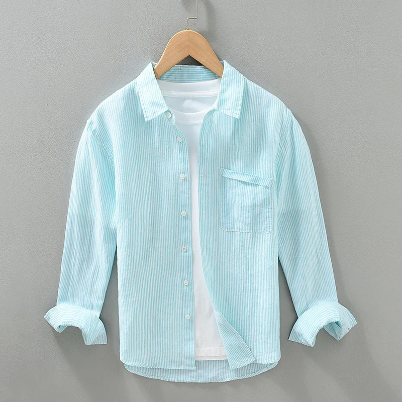 

Мужская полосатая рубашка с длинными рукавами, повседневная Молодежная дышащая рубашка в полоску с лацканами, в стиле Харадзюку, Весна-Осень 100%