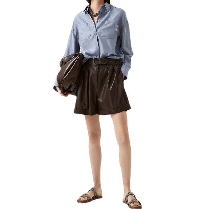 

Casual Double Patch Pocket Shirt Women 2022 Ladies Solid Color Thin Section 100% Cotton Loose Top