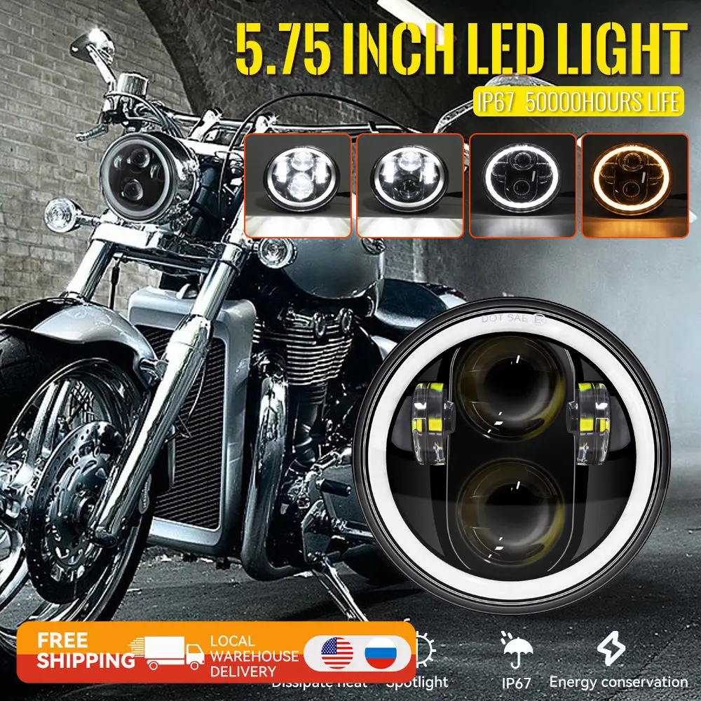 5.75" Inch Black LED Headlight Projector Halo Ring High Low Beam Motorcycle 5 3/4" DRL Turn Signal for Sportster Dyna Iron 883