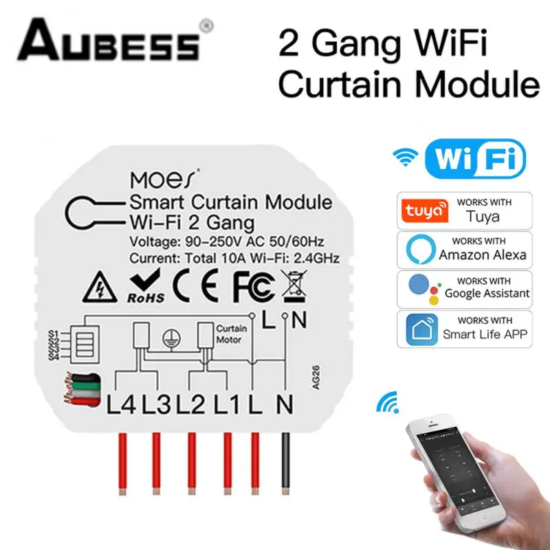 

WiFi 2 Gang Double Curtain Blind Switch Module Roller Shutter Electric Motor Tuya/Smart Life App Work With Google Home Alexa