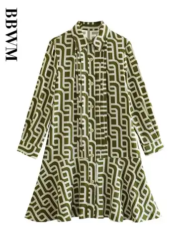 Geometry Print Dress Woman Linen Blend Mini Dresses 2023 Long Sleeve Fashion Elegant Chic Female Dress Summer Vintage Dress