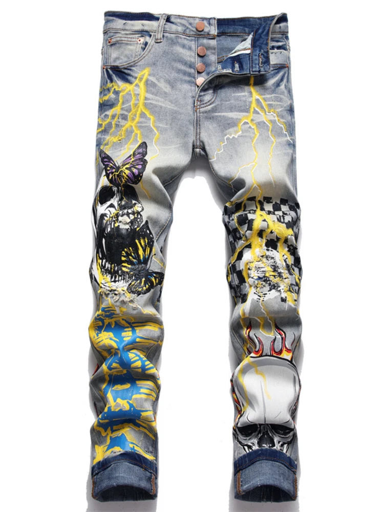 

Skull Lightning Printed Denim Jeans Pants Mens Punk Bottoms Biker Jeans Streetwear Slim Fit Hip Hop New Casual Y2k Pants Joggers