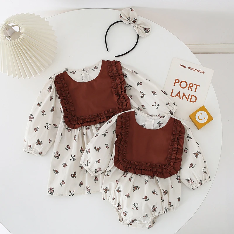

Spring Autumn Baby Rompers+Hair Band 2pcs Girls Sister Clothes Kids Girls Long Sleeves Flowers Dresses Girls Sister Clothes