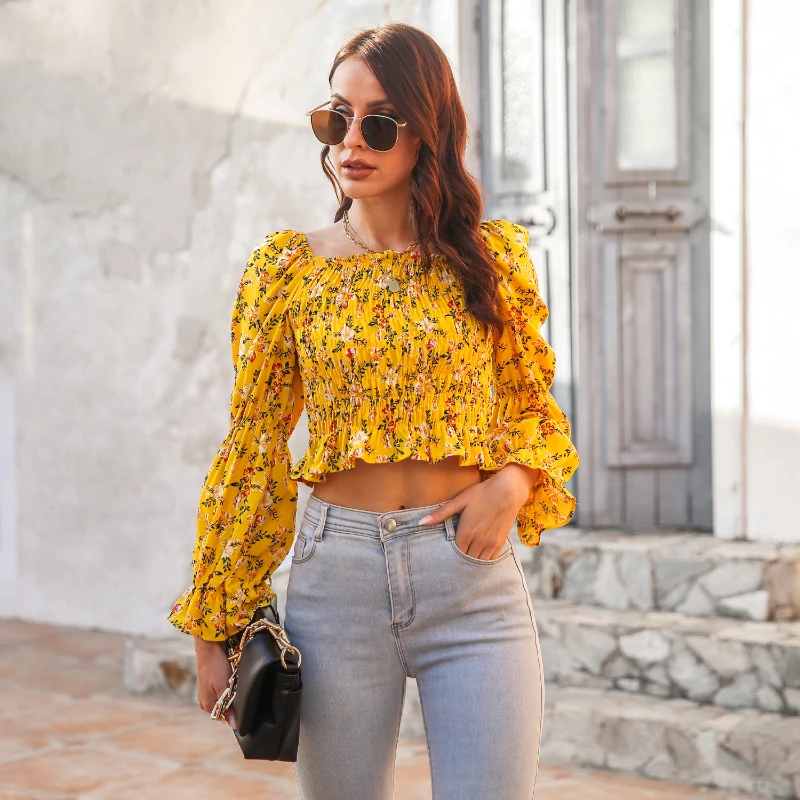 2022 Autumn Fashion Print Woman Tops Luxury Floral Lantern Long Sleeve Elastic Crop Top Women Chiffon Sexy Bodycon Shirts Blusas