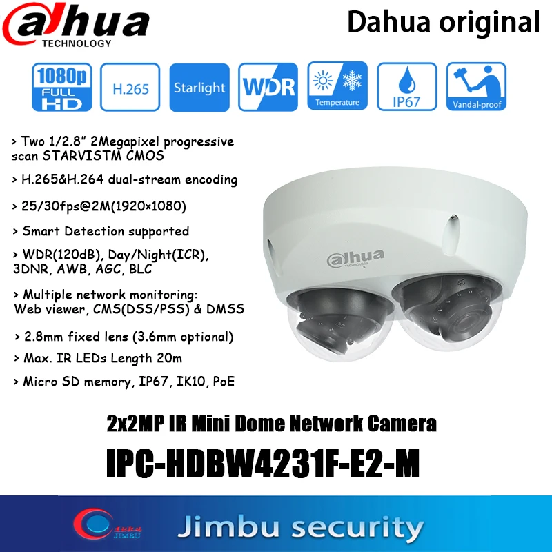

Dahua, 2x2 Мп, IP-камера с питанием по Ethernet, стандартная, H.265, IR20M, IP67, IK10, DMSS, управление через приложение, IR, мини-купольная сетевая камера