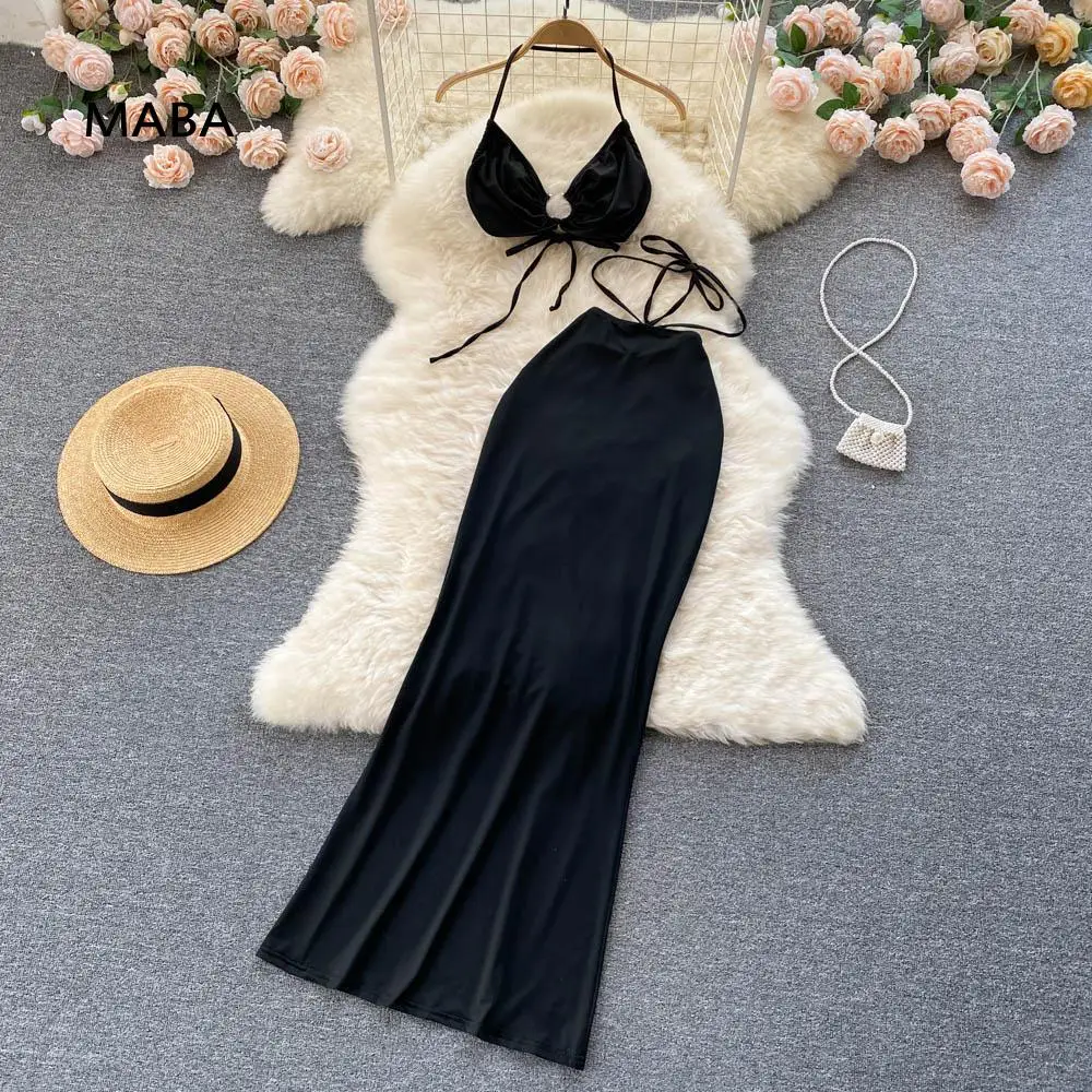 

Sexy Beach Two Piece Set Women 2022 Summer New V-neck Sleeveless Backless Crop Top + Pencil Long Skirt Fashion Boho Black Suit