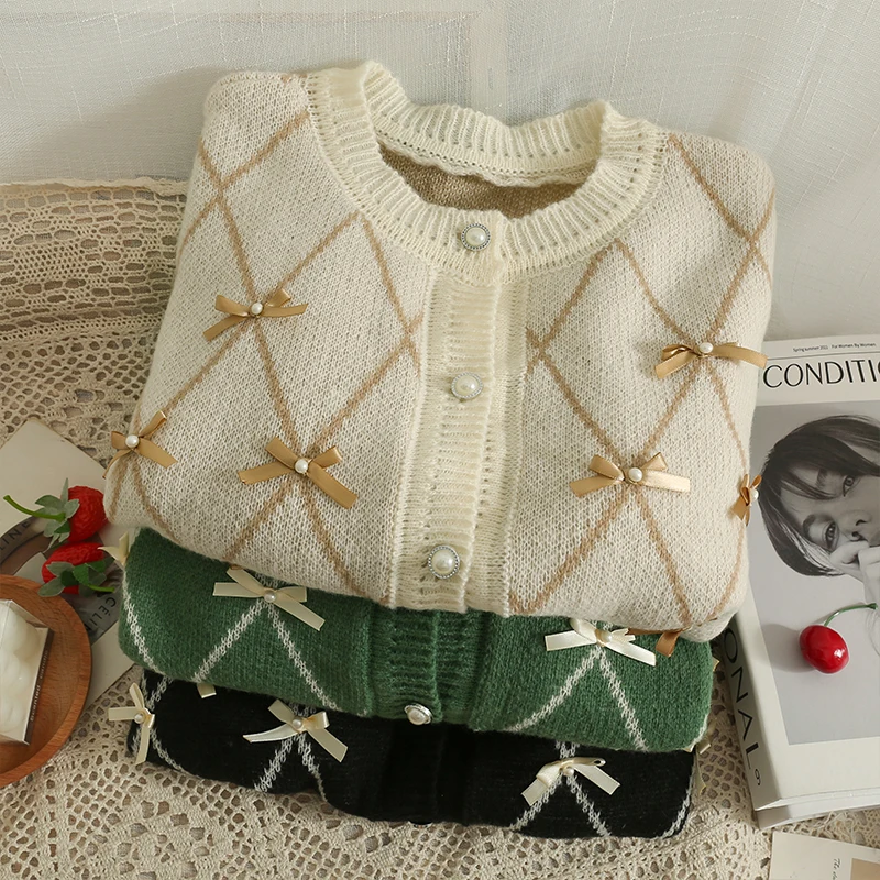 

Retro Crop Female Casual Fashion Long Sleeve Button Women Korean Style Tops Striped O Neck Autumn Winter Black Cute Cardigan Tee