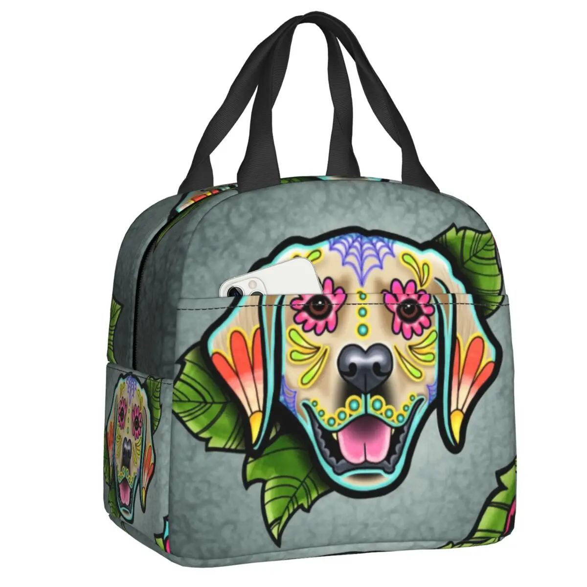 

Day Of The Dead Golden Retriever Insulated Lunch Bag for Women Leakproof Sugar Dog Thermal Cooler Lunch Box Office Work School