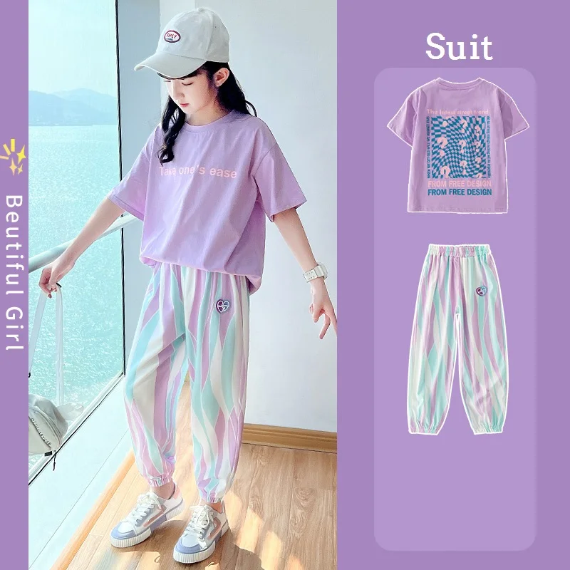 

Summer Girls Cotton Lavender t-Shirt Tops+Colorful 2PC Stripes Pants Set School Kids Tracksuit Outfit Jogging Suit 5-16 Years