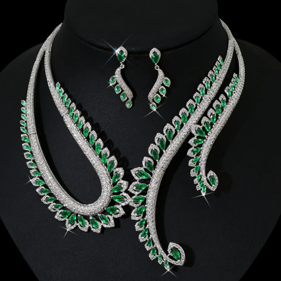 Zlxgirl full Green big Necklace and Earring of woman's wedding bridal jewelry set AAA cubic Zircon party necklace set brincos