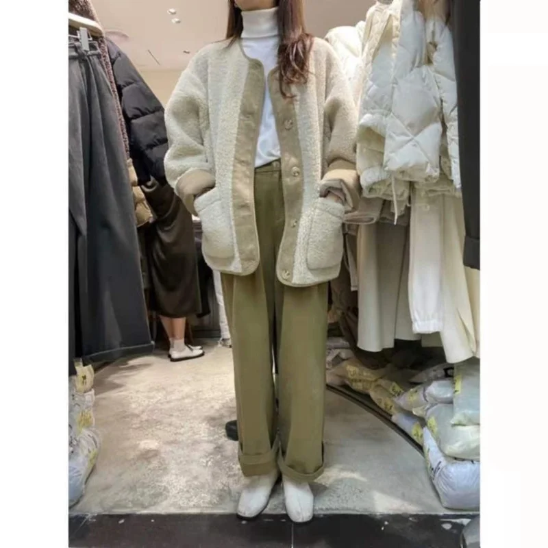 HOUZHOU Vintage 2022 Winter Women Warm Fleece Coat Jackets Lamb Wool Thickened Female Oversized Chic Outwear Aesthetic Fashion