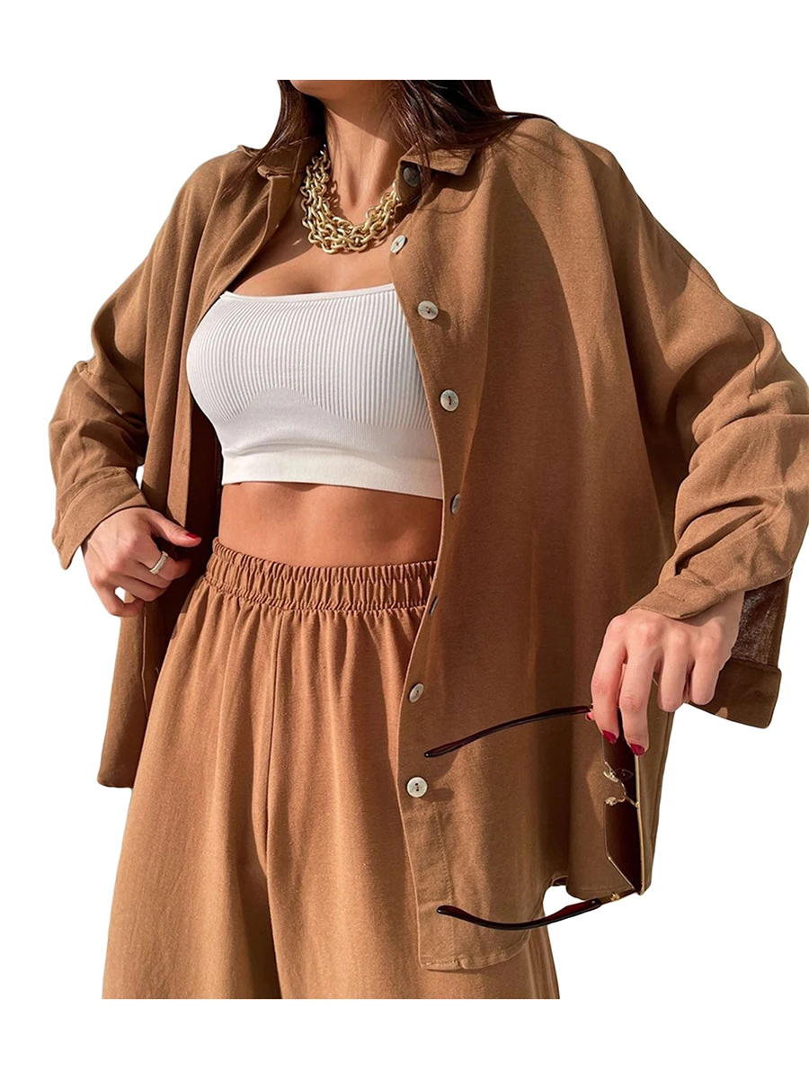 

Linen Sets for Women 2 Piece Casual Tracksuit Outfit Long Sleeve Button Down Shirt and Loose Drawstring High Waisted Pants