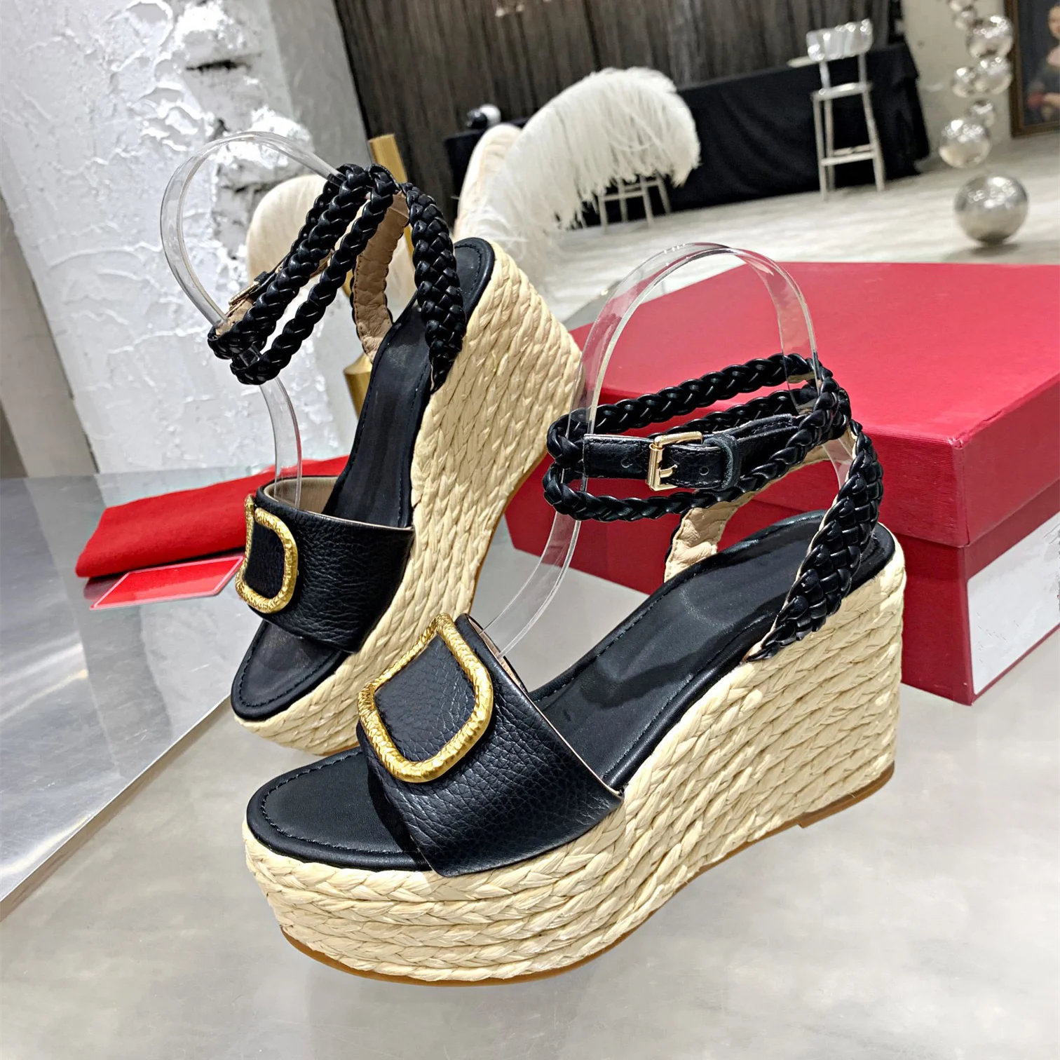 

Casual Designer Women Shoes Brown Genuine Leather Peep Toe Wedge High Heels Slingback Sandals Sandalias Zapatos Mujer