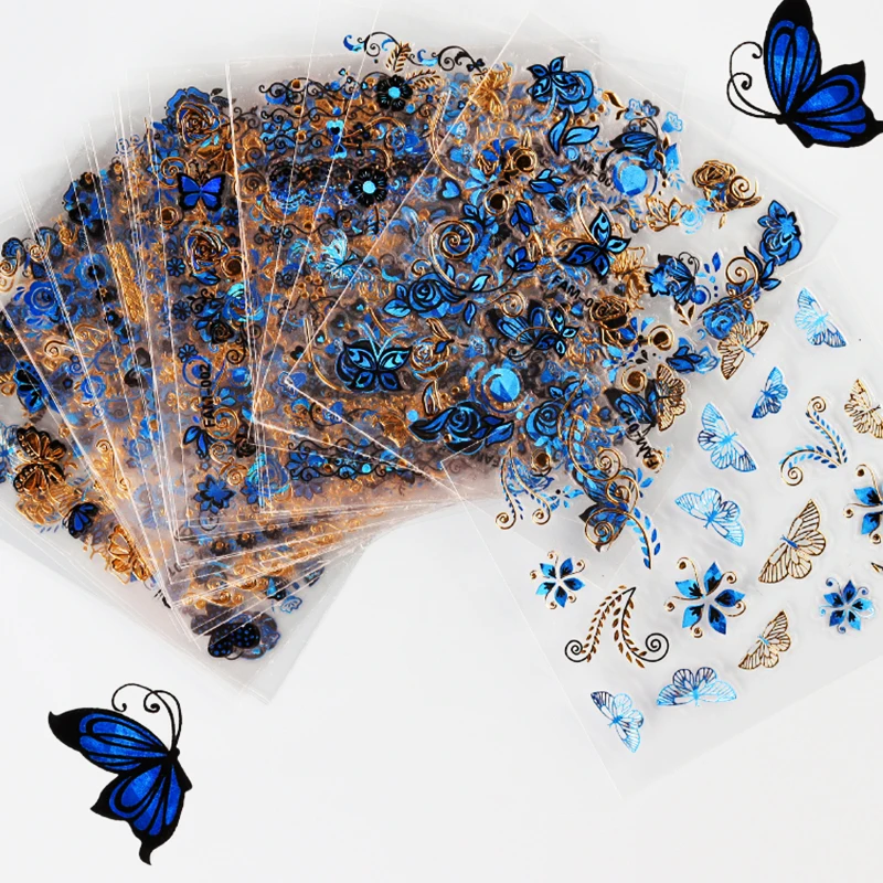 

30 шт. синие Золотые 3D бронзовые наклейки для дизайна ногтей полые бабочки цветок Переводные картинки набор для смешанного дизайна ногтей ле...