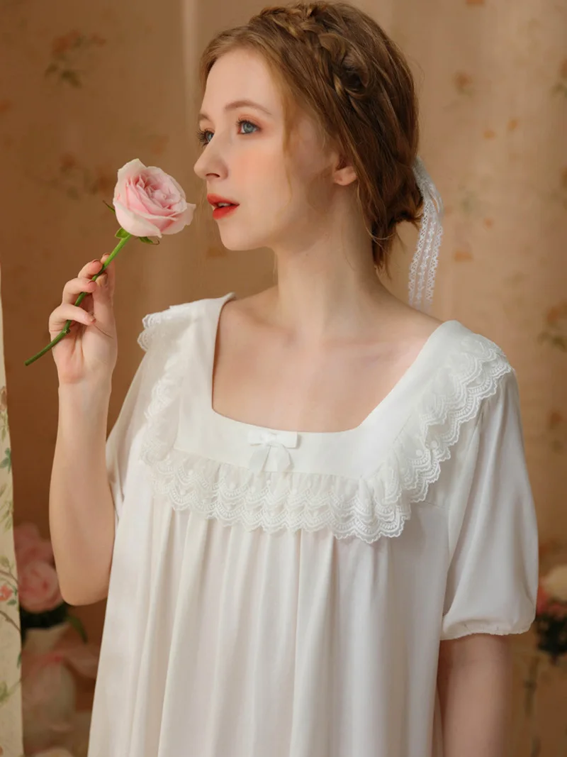 Summer Ruffles Backless Princess Pajama Night Dress Short Sleeve Backless Cotton Victorian Sweet Lolita Loose Women's Nightgown