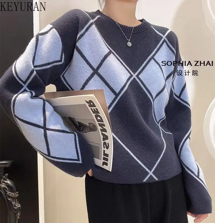 

Женский пуловер с рисунком ромбиками, свободный трикотажный свитер с V-образным вырезом и длинным рукавом, джемпер с геометрическим узором на осень и зиму