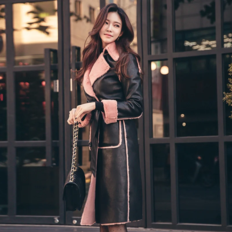 

Fashion New Spring Autumn Thicken Double-breasted Long sleeves Turn-down collar Pockets Loose Coat Female Leather coat CY465