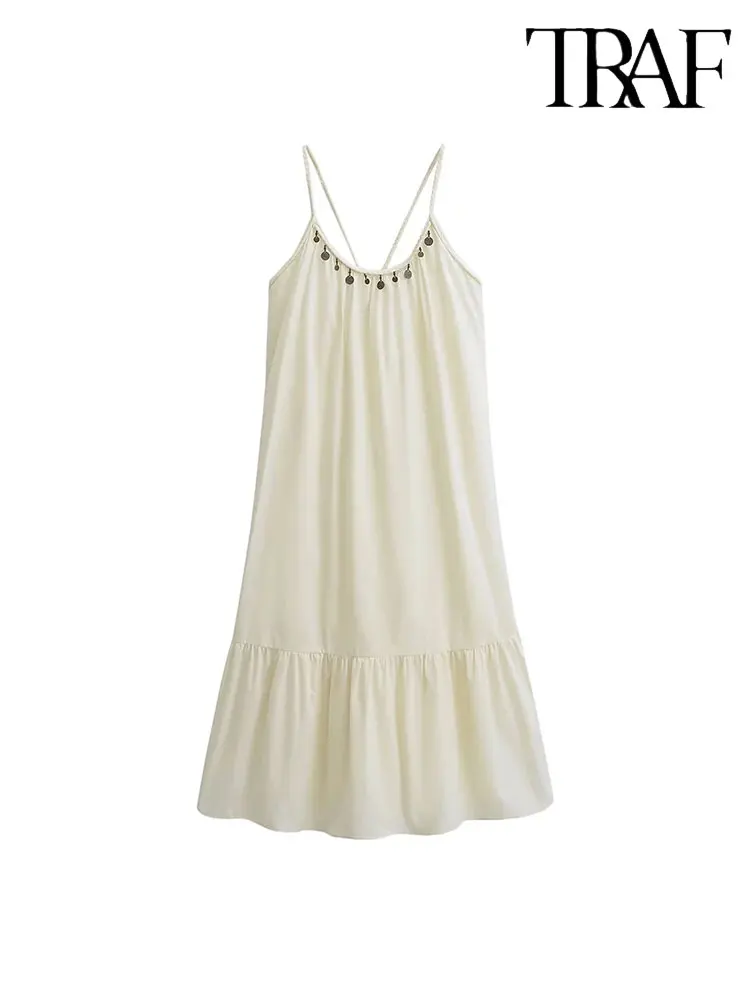 

TRAF Летнее женское пикантное платье миди без рукавов с оборками повседневное свободное однотонное Плиссированное пляжное платье
