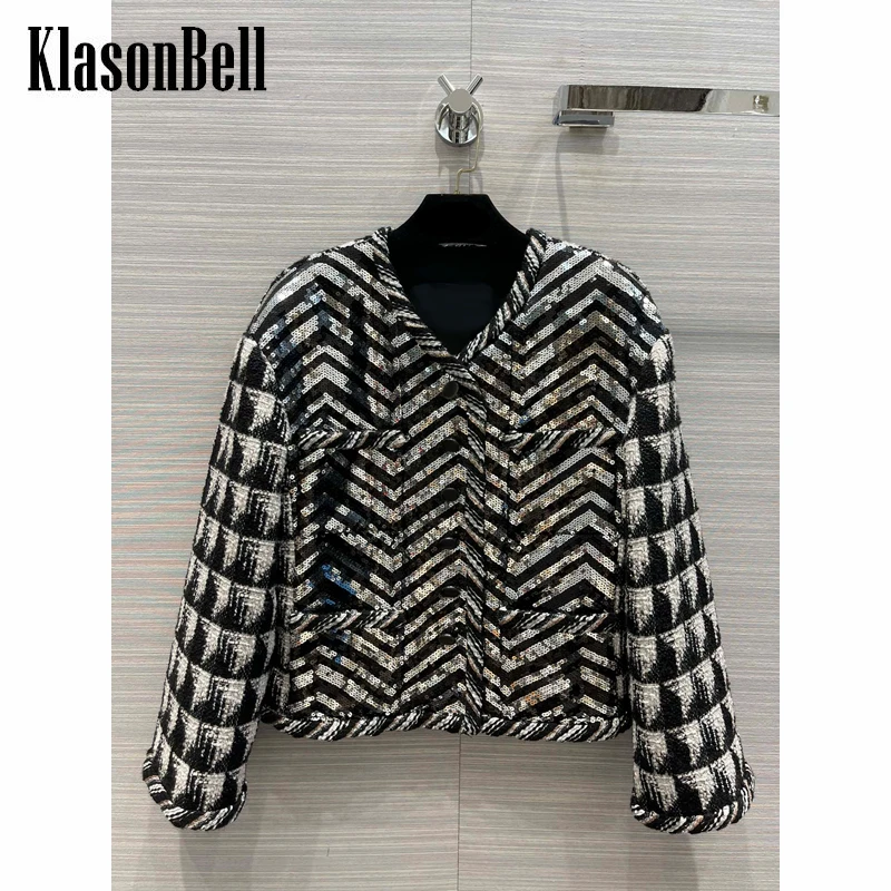 

5.6 KlasonBell Runway Fashion Heavy Industry Sequins Wavy Temperament V-Neck Short Tweed Jacket Women