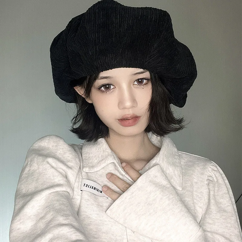

Corduroy Mushroom Hats Fashion Large Cloud Hat Autumn Winter Black Octagonal Cap Women Face Small Painter Caps Gorros