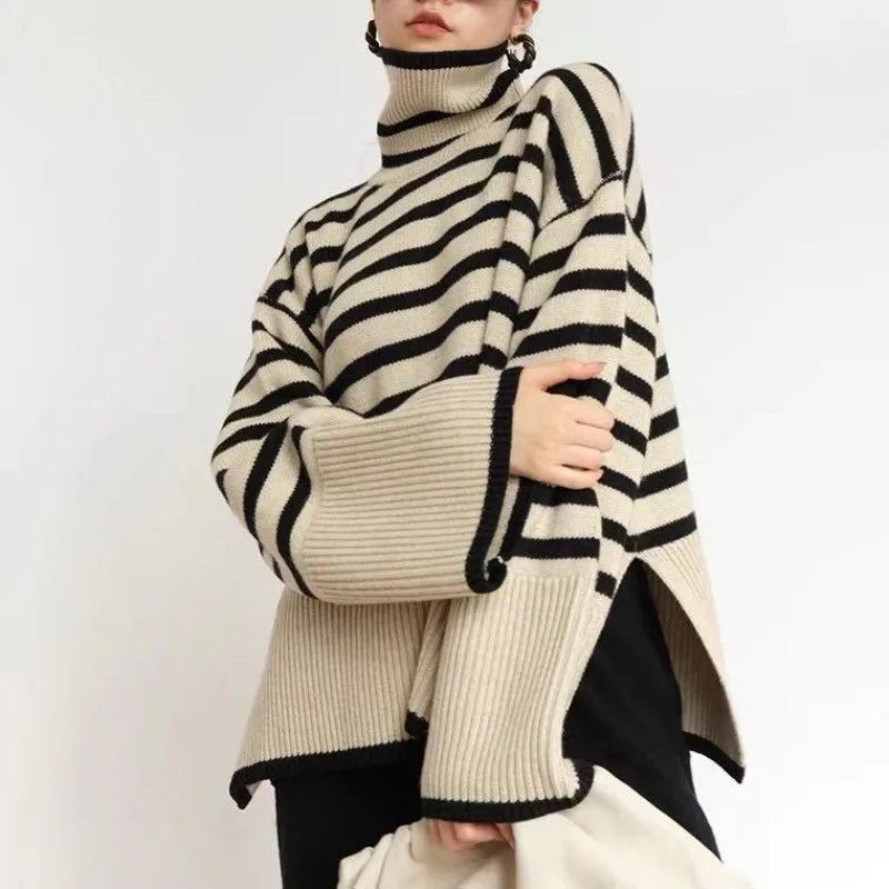 

Korean High Neck Sweater for Women's Striped Loose Fitting Knit Pullover Sweater Women Jumper