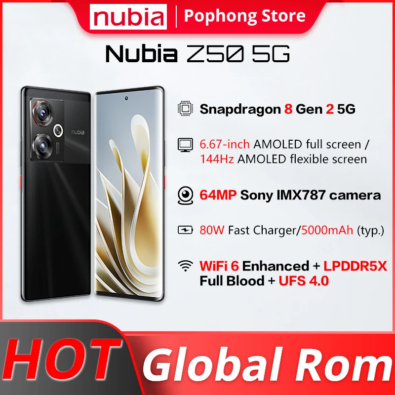 Global rom Nubia Z50 5G 6.67 inch 144Hz AMOLED flexible display 12GB RAM 256GB Snapdragon 8 Gen 2 Octa Core 64MP Dual Cameras